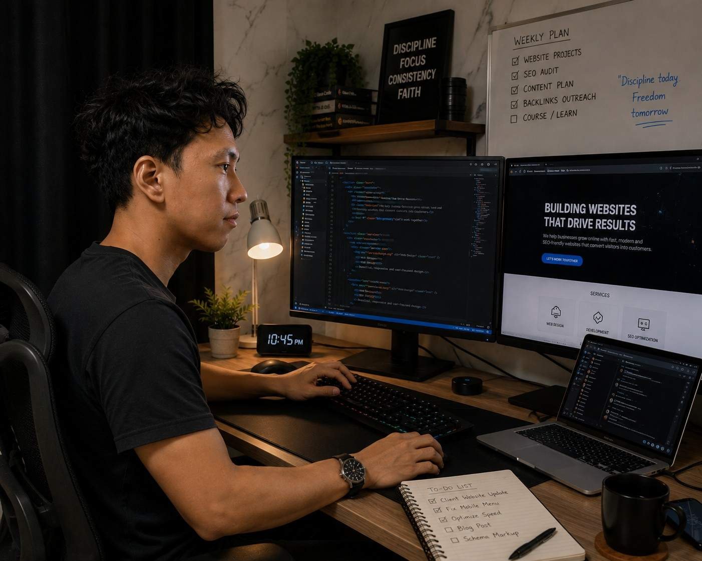 Aaron Carmen working on a client website at his desk