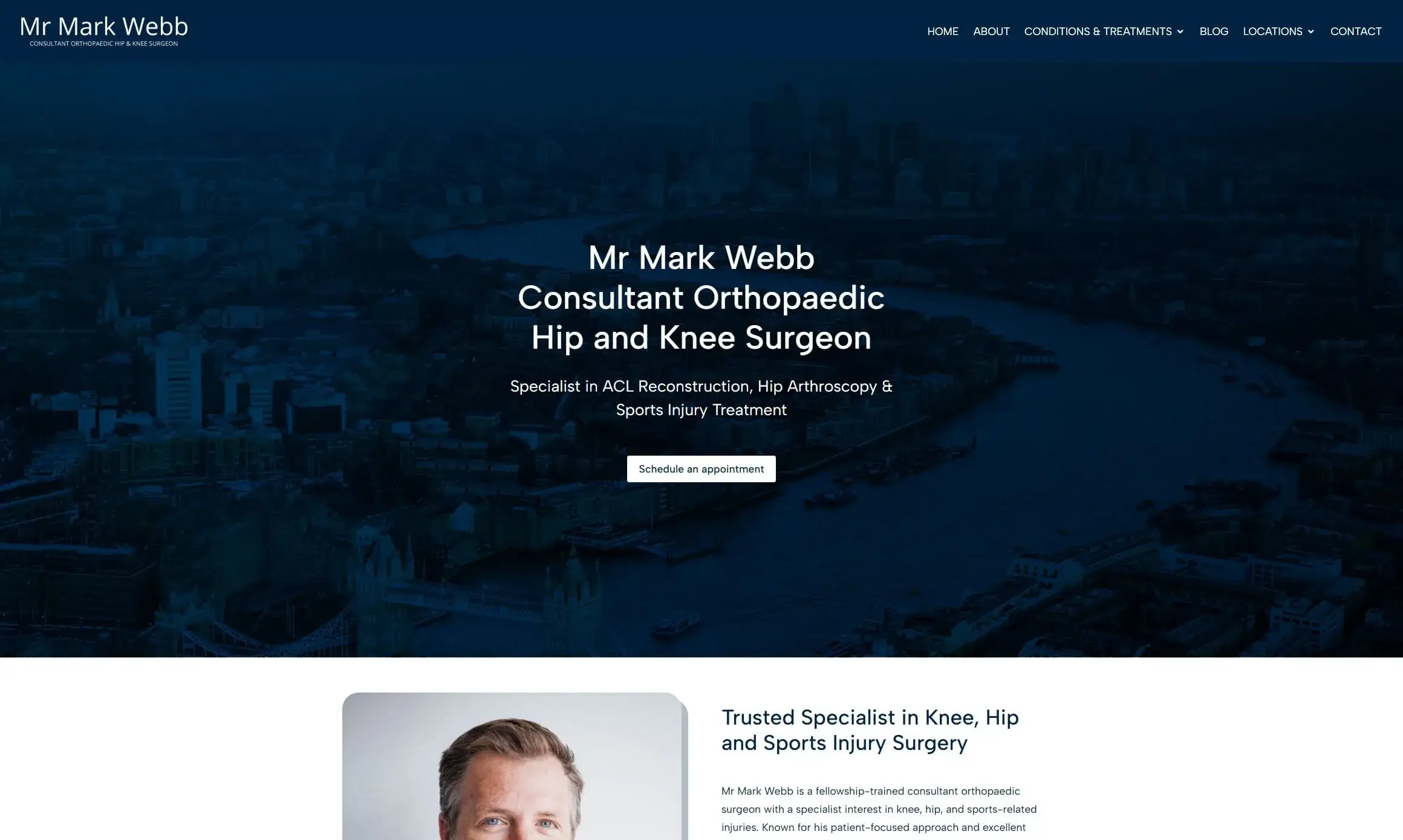 Mr Mark Webb orthopaedic surgeon website home page, built and optimized by Aaron Carmen